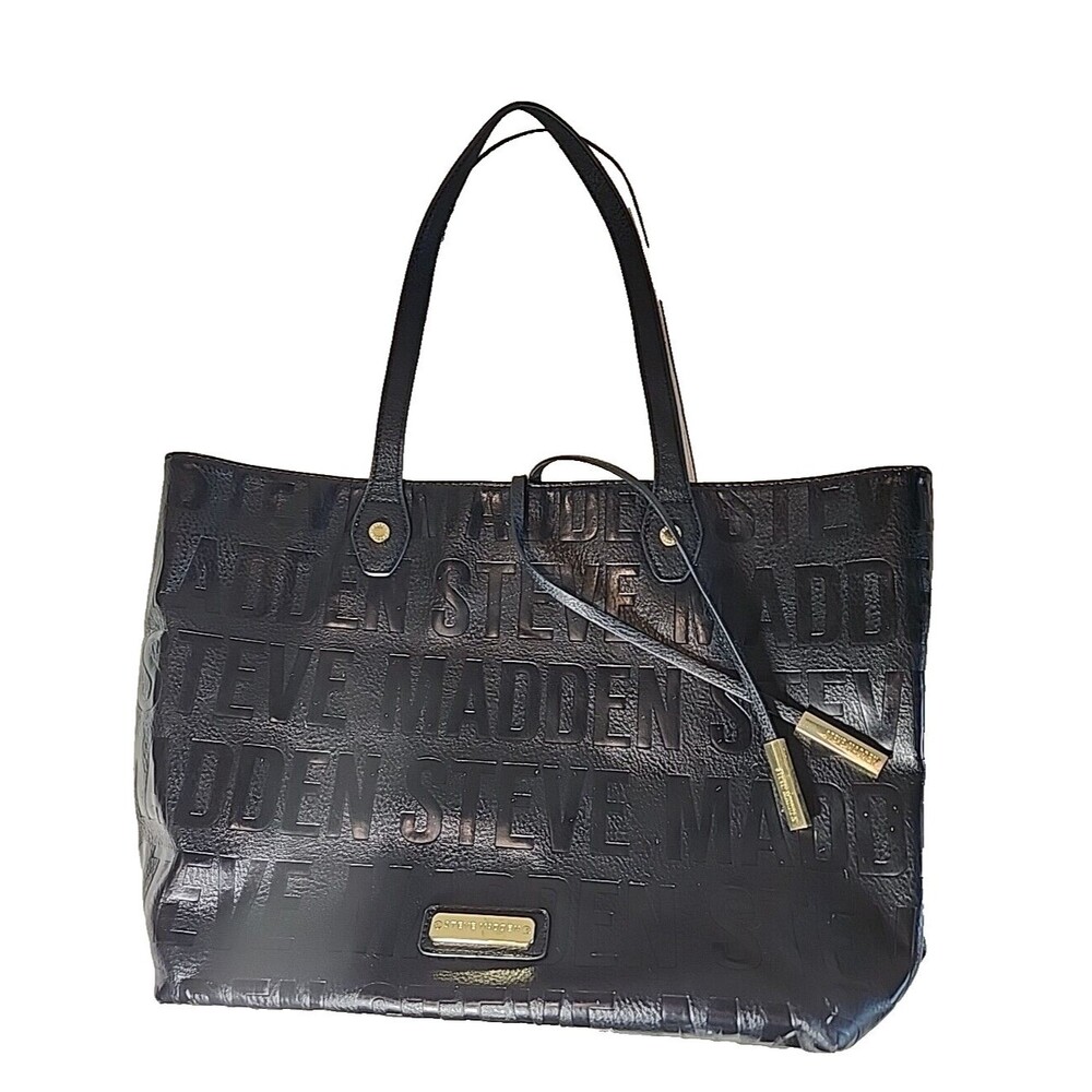 Y2K Steve Madden Black Embossed Logo Tote Bag Gold Hardware Large Carryall